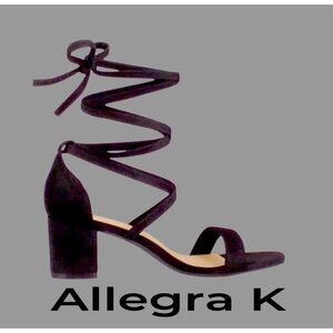 NIB ALLEGRA K Black Faux Velvet Open Toe Lace Up Mid Chunky Heel Sandals Size 8